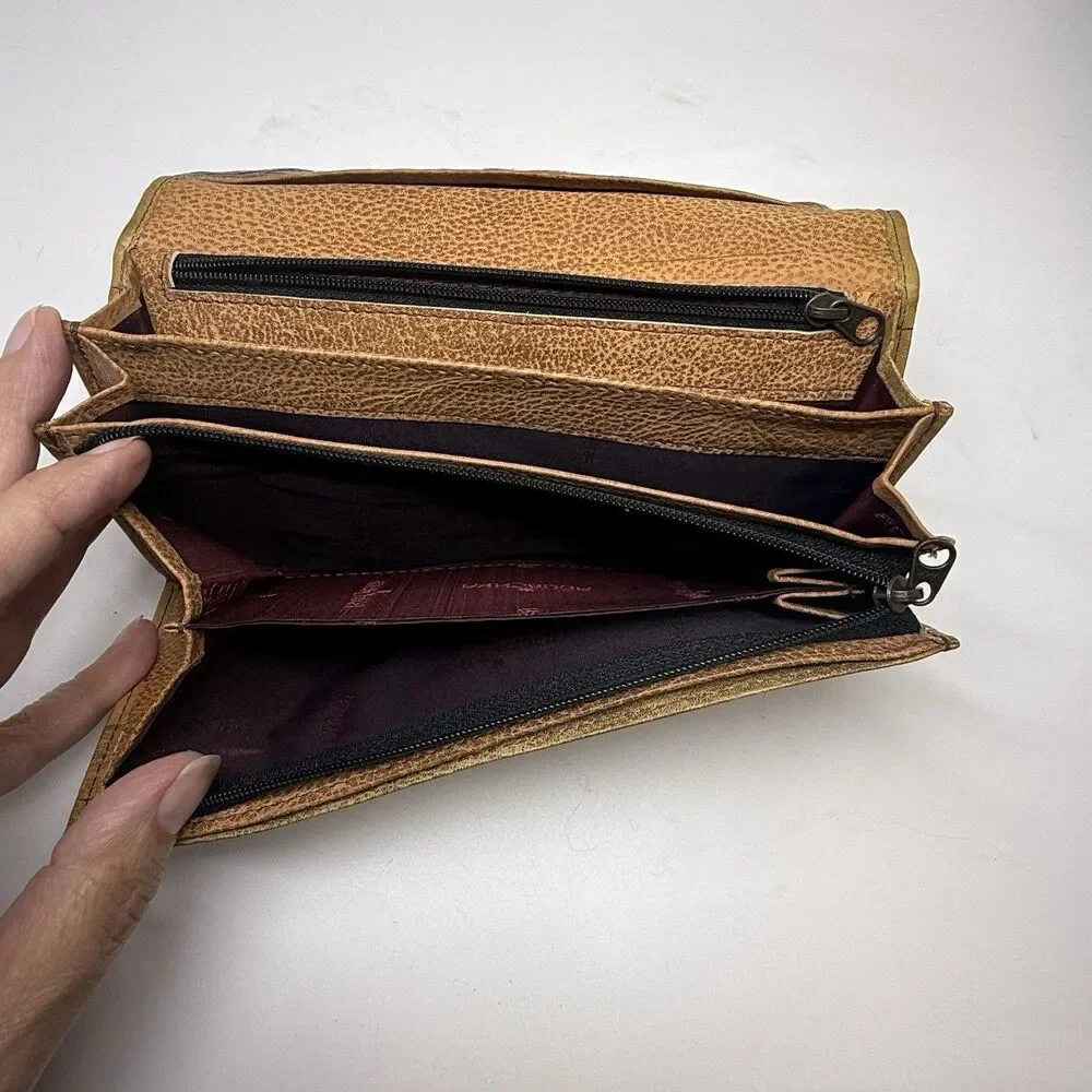 Anuschka Hand Painted Floral Peacock Feather Full Size Leather Wallet